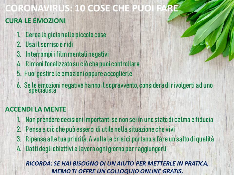 CORONAVIRUS: CURA LE EMOZIONI E ACCENDI LA MENTE – 2.  10 COSE CHE PUOI FARE